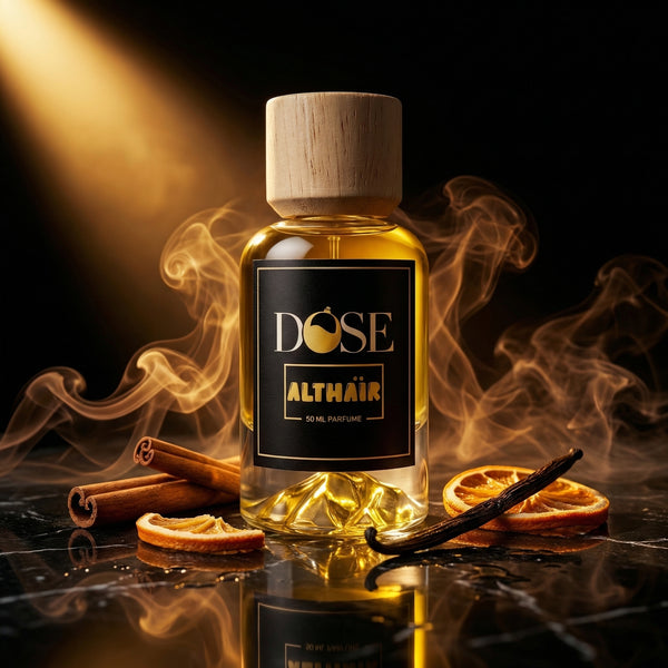 Bottle of Dose Althair perfume with wooden cap on a dark background with smoke and spices.