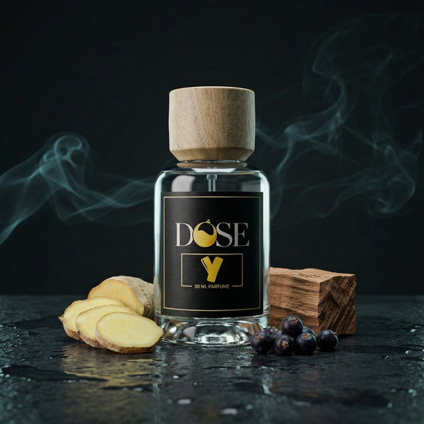DOSE Y perfume bottle with wooden cap, ginger slices, and dark berries on a dark background