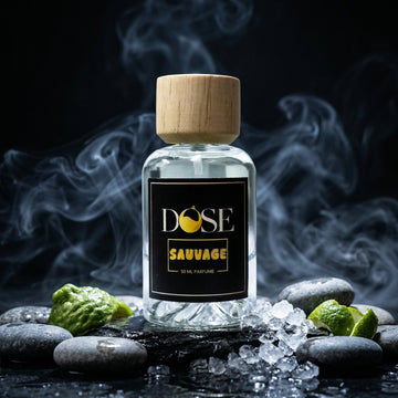 DOSE Sauvage perfume bottle with wooden cap on a dark background with smoke and stones.