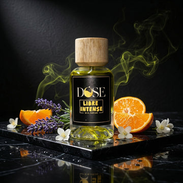 DOSE Libre Intense perfume bottle with oranges and lavender on a dark surface