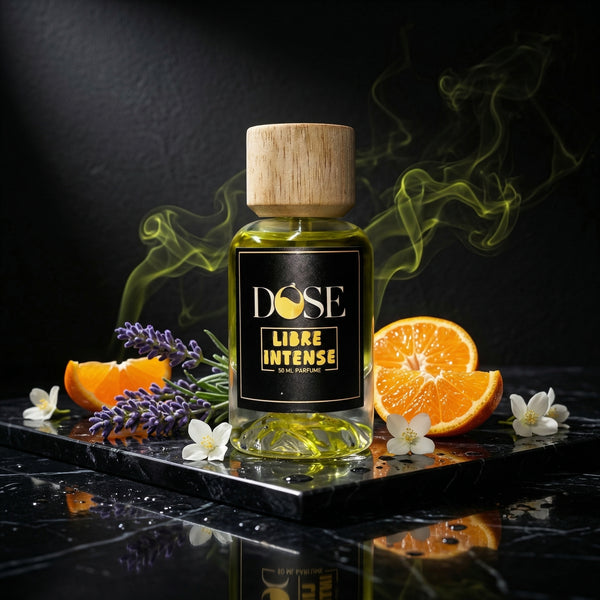 DOSE Libre Intense perfume bottle with oranges and lavender on a dark surface
